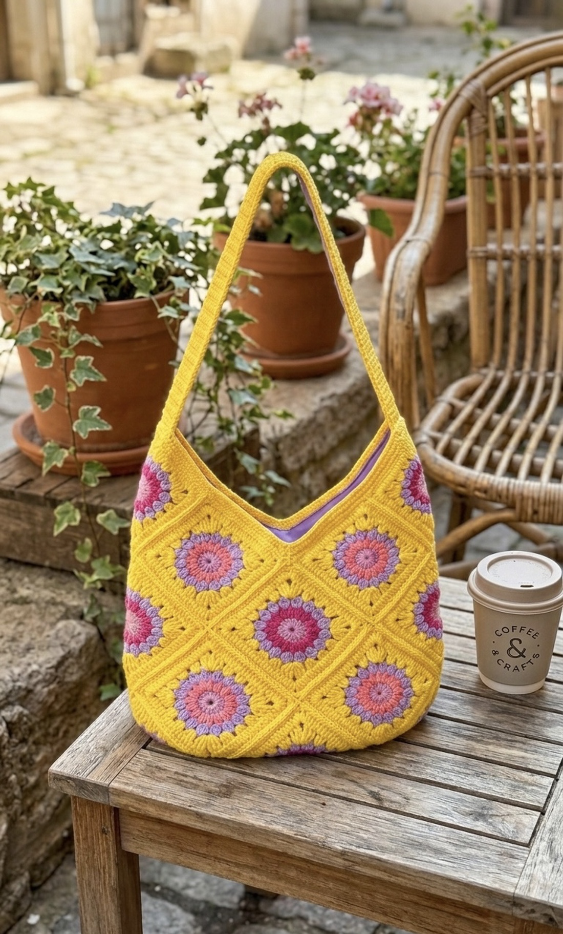 Geanta Granny Square Vibe de Vara � Galben si Mov - genți și portofele - geantă pentru cumpărături - totebaguri - Artynos.ro