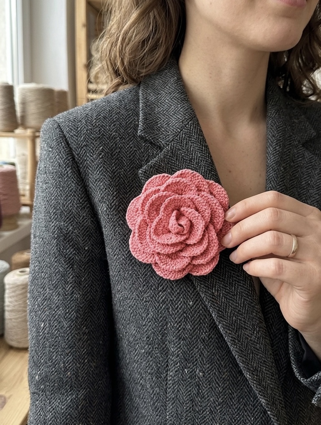 Broșă Trandafir Croșetat Manual � Roz Pudrat cu inserții discrete - bijuterii - broșe - Artynos.ro