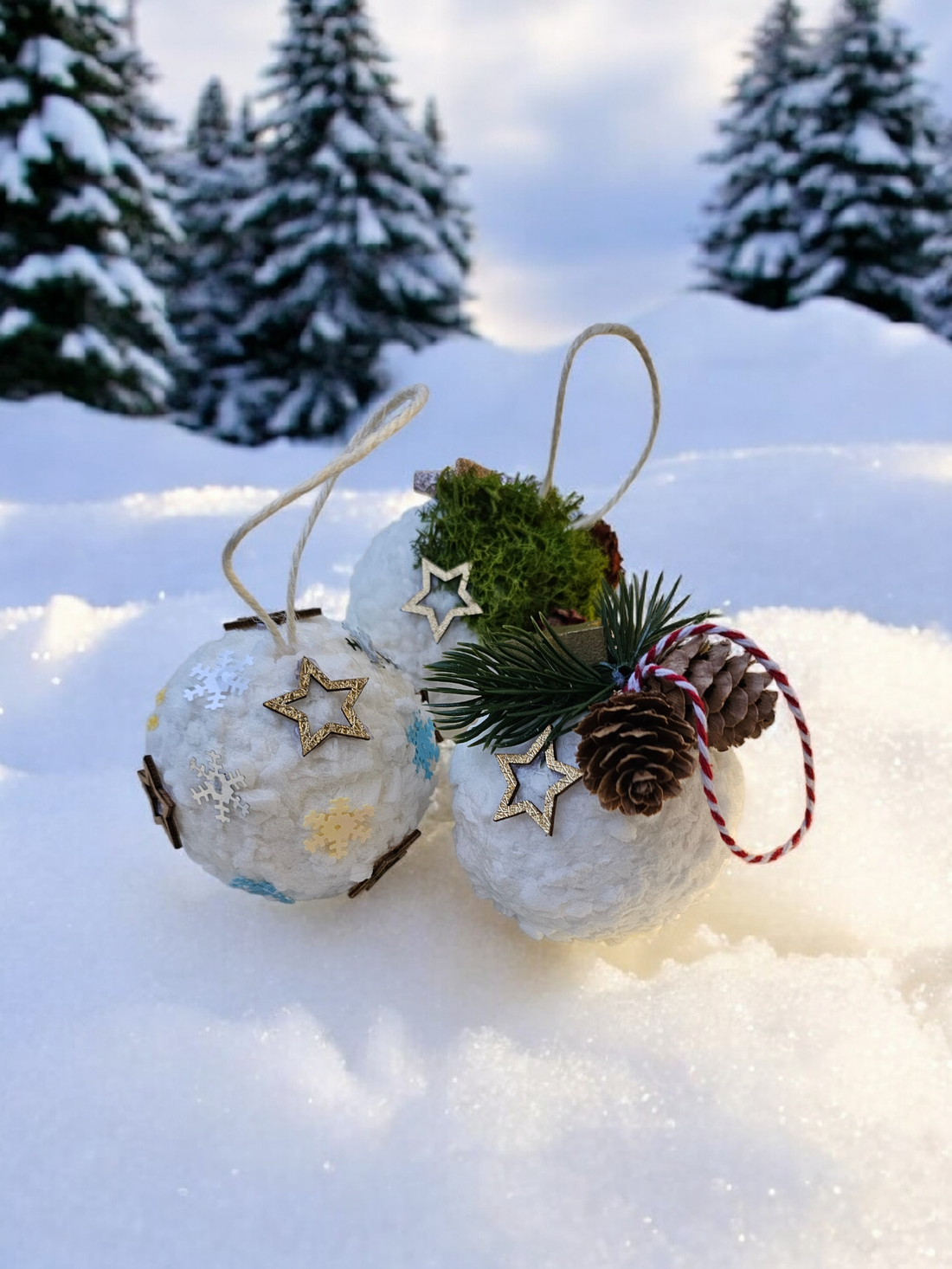 Set 3 globuri ninse decorate - crăciun - decorațiuni de crăciun de casă - globuri de crăciun - Artynos.ro