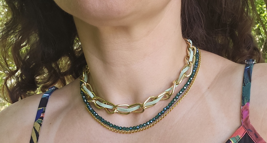 Colier statement Metallic and Green - bijuterii - coliere - coliere cu multiple șiruri - Artynos.ro
