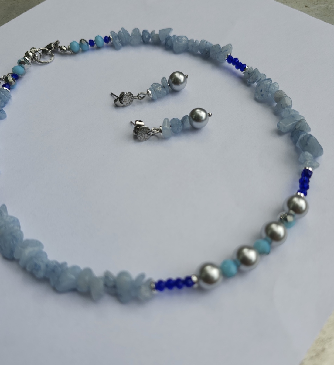 Set cercei colier perle și aquamarine - bijuterii - seturi de bijuterii - Artynos.ro