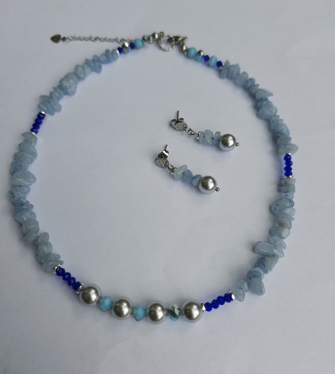 Set cercei colier perle și aquamarine - bijuterii - seturi de bijuterii - Artynos.ro