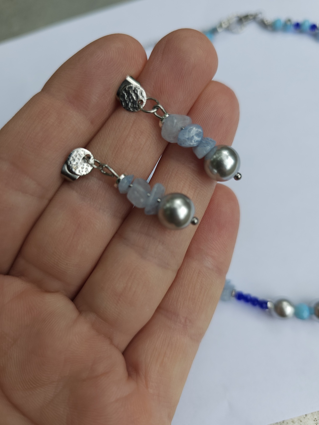 Set cercei colier perle și aquamarine - bijuterii - seturi de bijuterii - Artynos.ro