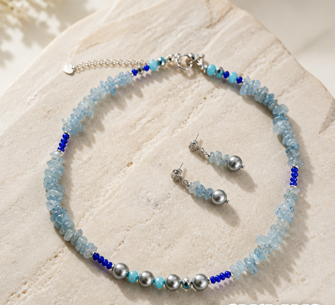 Set cercei colier perle și aquamarine - bijuterii - seturi de bijuterii - Artynos.ro
