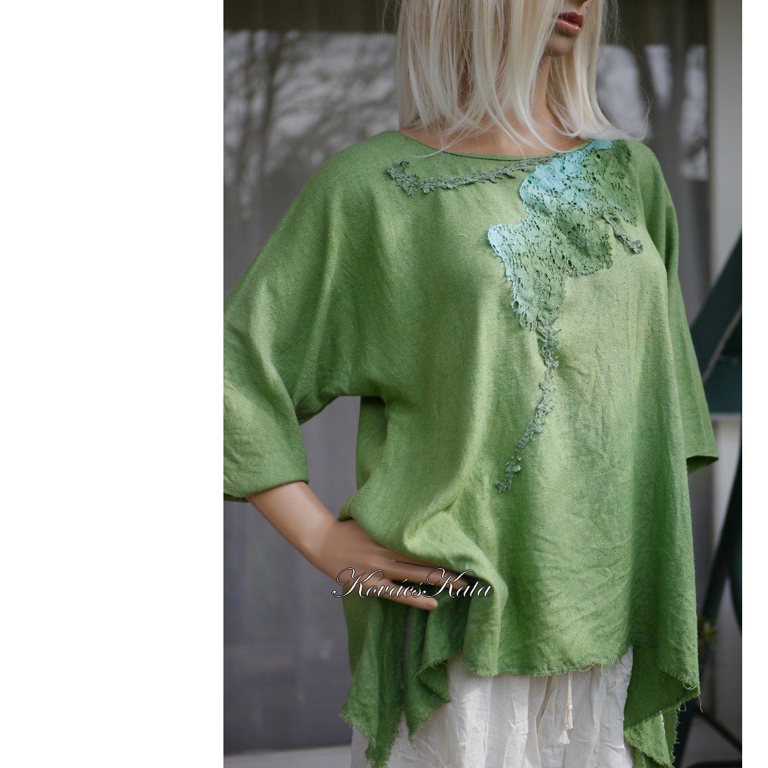 BURETT TUNIKA / verde salcie - arty dantelă aplicat manual pictate bluza de design - îmbrăcăminte și modă - haine damă - tunică - Artynos.ro