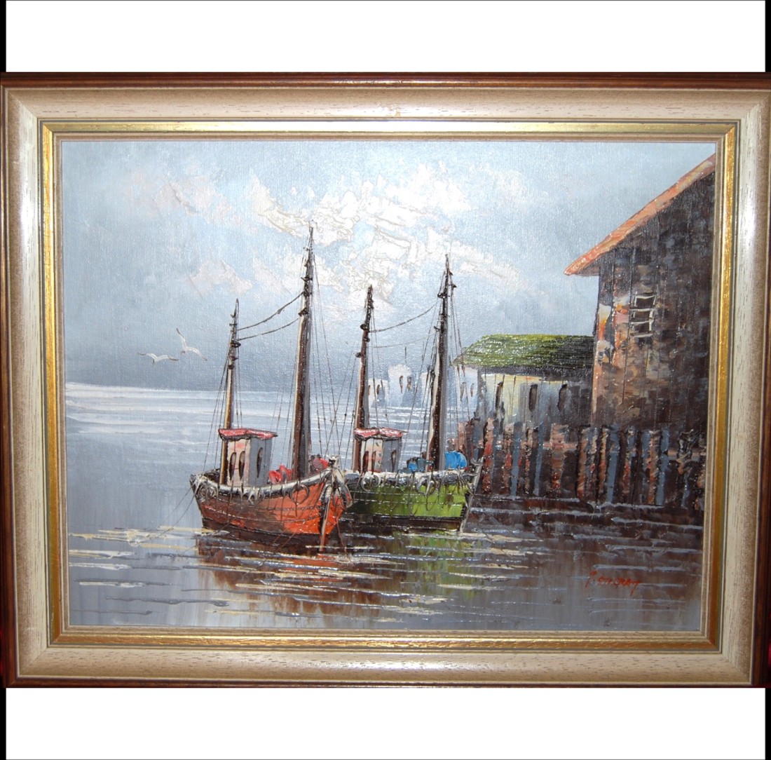 Barje în port, pictură în ulei pe pânză - arte vizuale și accesorii  - picturi - pictură în ulei - Artynos.ro