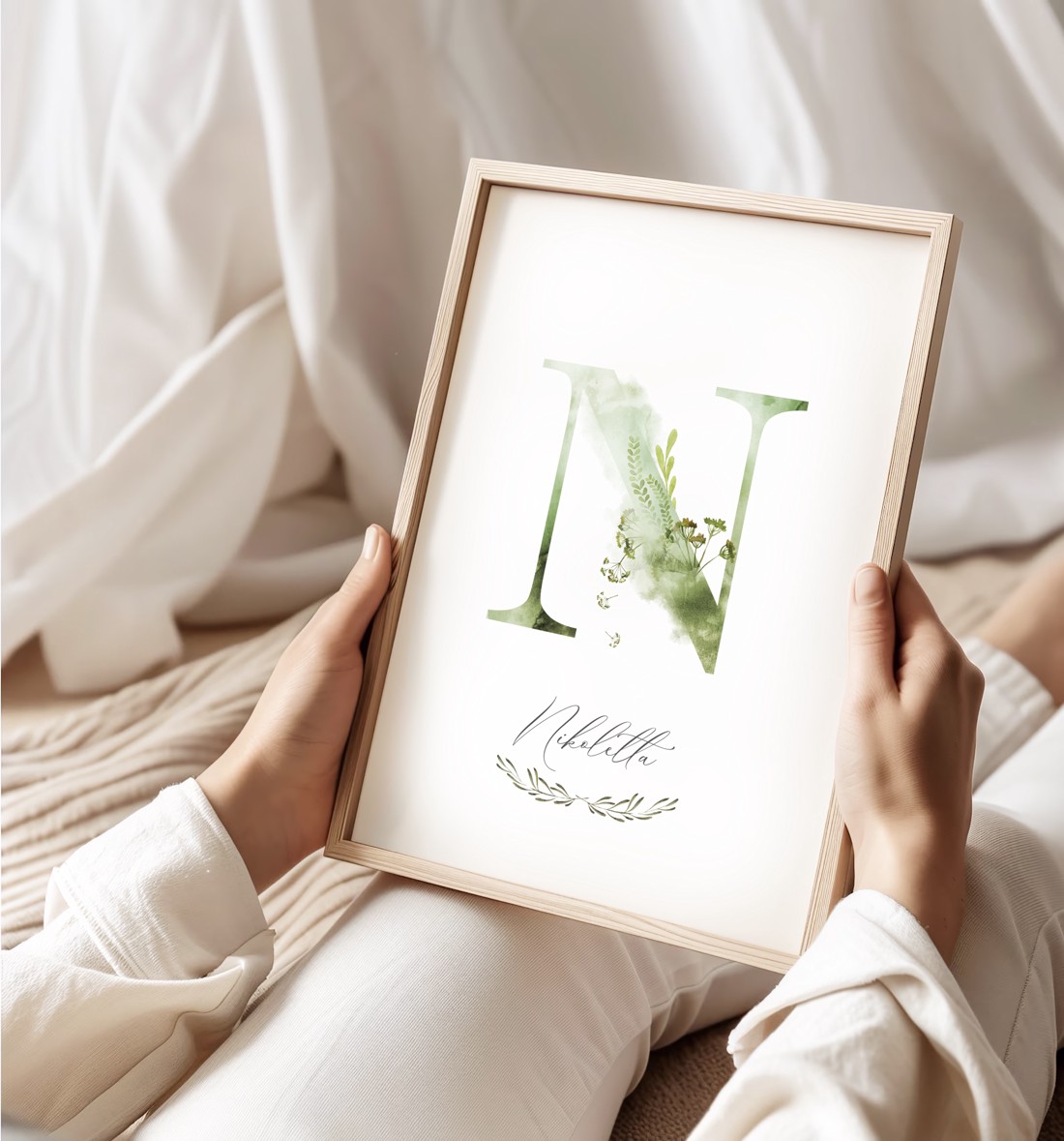 Scrisoare N, monogramă, imagine onomastică, decor, acuarelă, artă de perete, personalizată -  - Artynos.ro