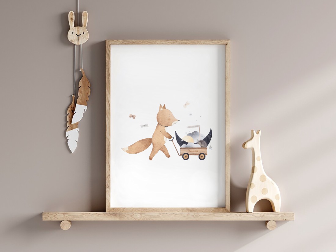 Imagine personalizată pentru camera copiilor, decorațiuni pentru camera bebelușului, vulpe, lună, curcubeu, set de artă de perete de 3 -  - Artynos.ro
