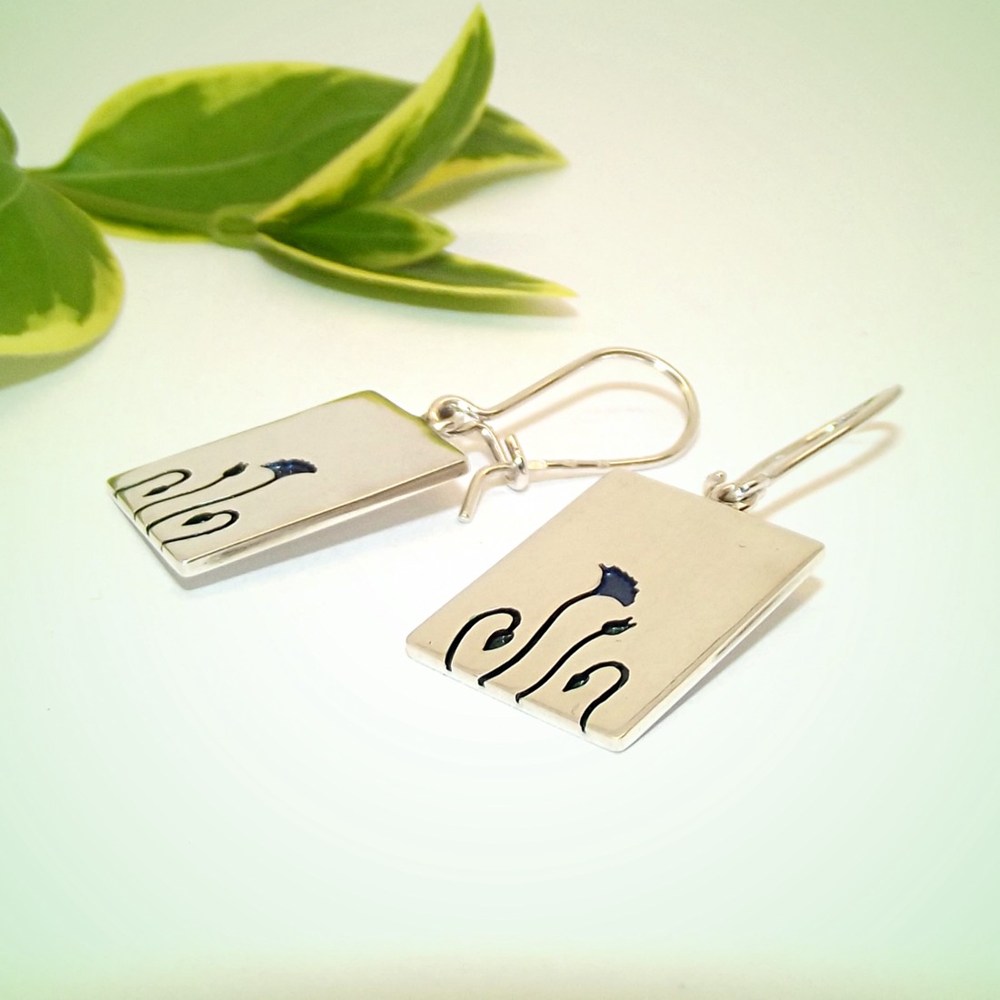 Himalaya Blue Poppy Rectangle Studs, pereche de cercei de argint pentru femei (EPK.27) -  - Artynos.ro