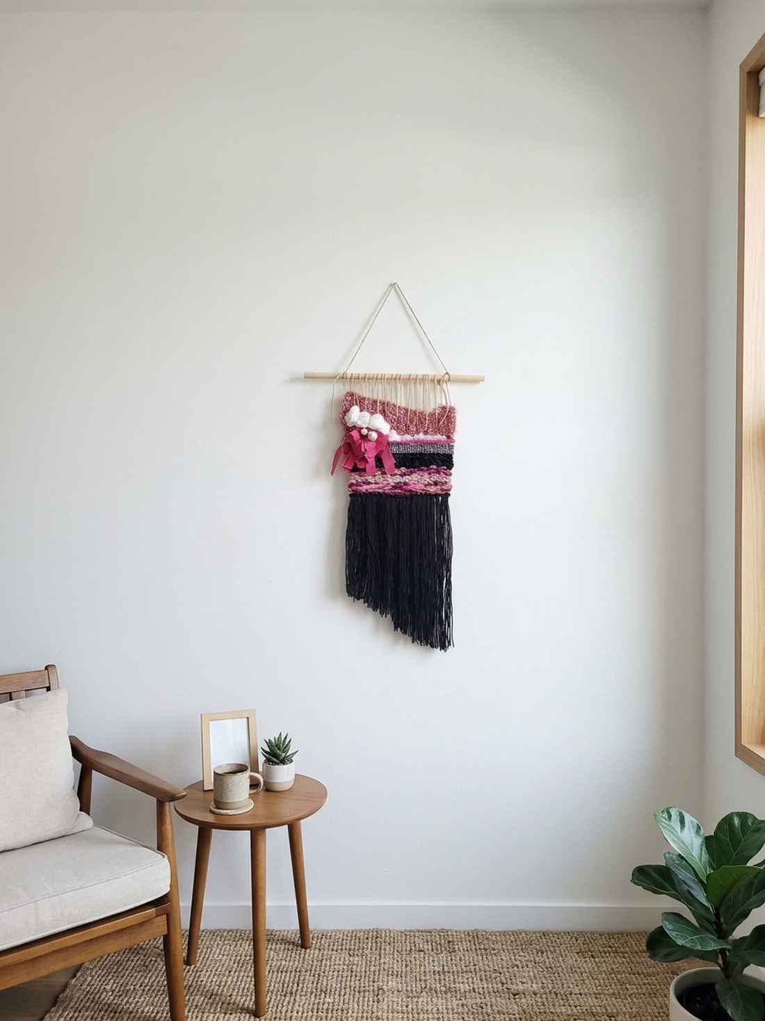 Tapiserie decorativă perete handmade, Decor boho chic roz fuchsia și denim reciclat - casă & stil de viață - decorațiuni de casă - decorațiuni de pereți - decor de pereți, macrame - Artynos.ro