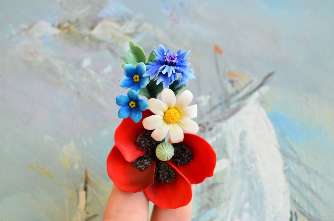 Mac si flori de camp- Brosa buchet mare - bijuterii - broșe - Artynos.ro