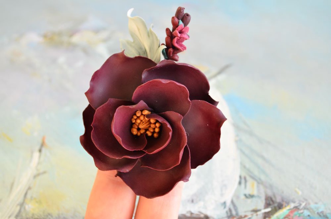 Bujorul grena cu auriu- Brosa supradimensionata - bijuterii - broșe - Artynos.ro