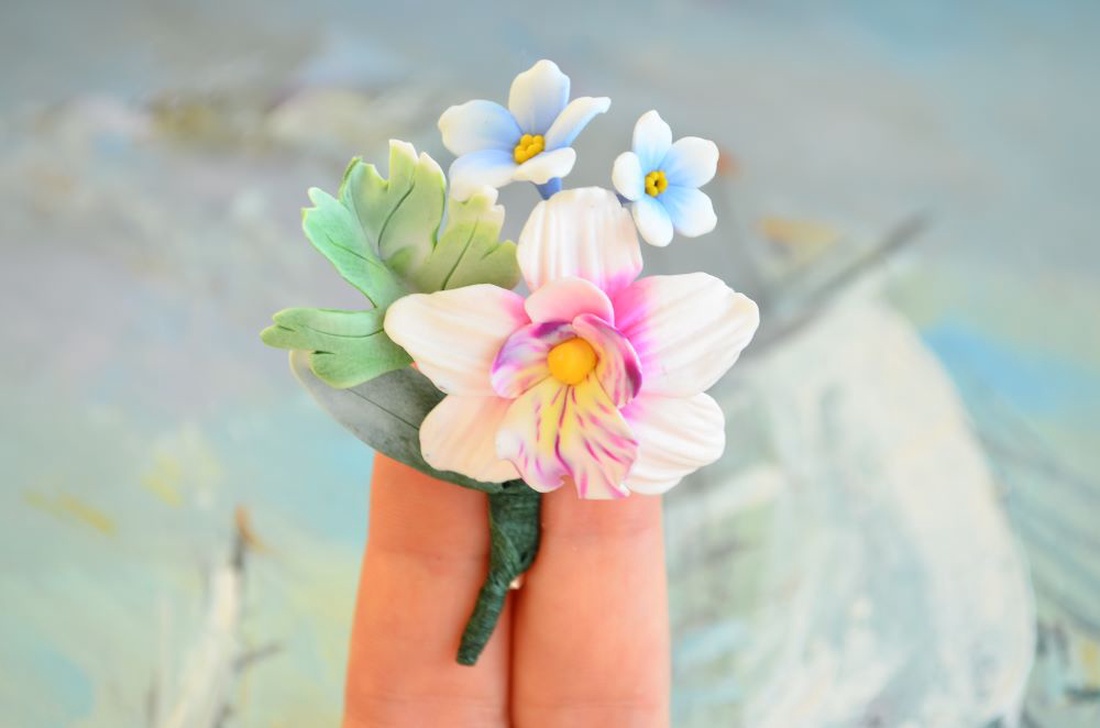 Orhidee roz si nu ma uita- Brosa buchet - bijuterii - broșe - Artynos.ro