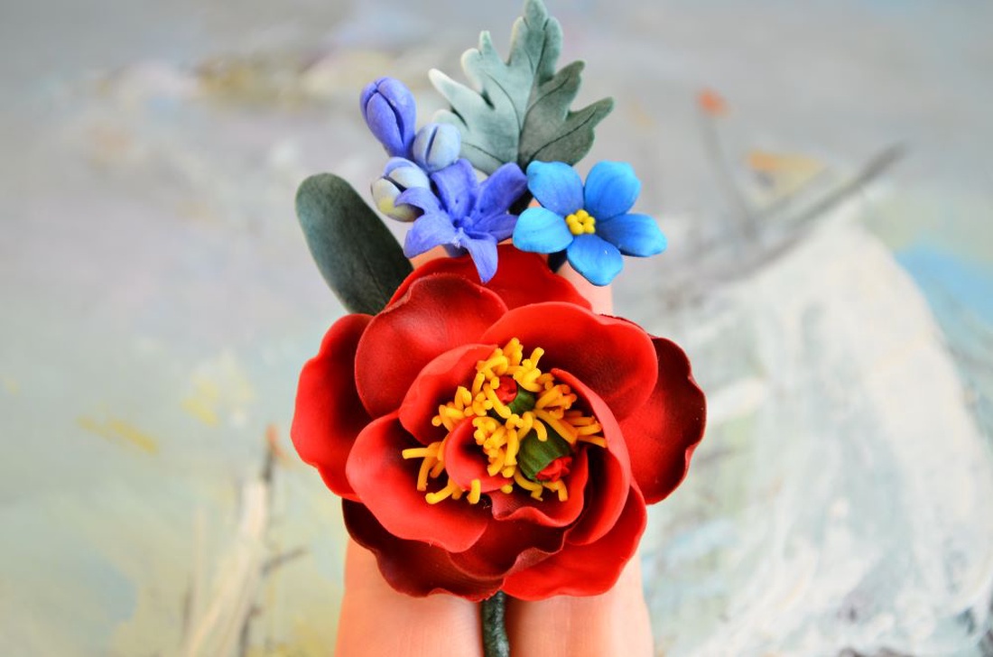 Bujor romanesc, nu ma uita si viorele- Brosa mare - bijuterii - broșe - Artynos.ro