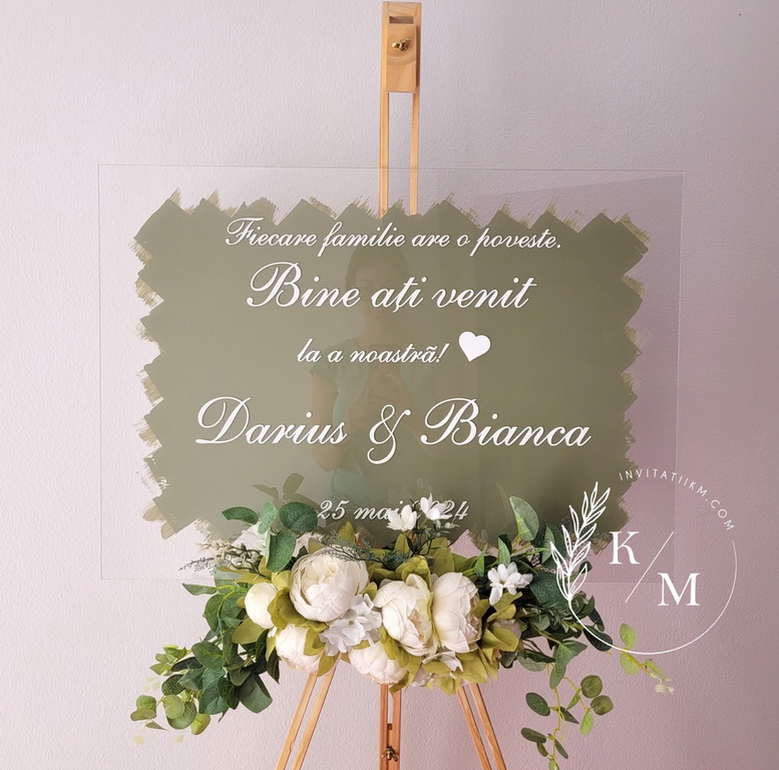 Panou intampinare nunta din plexiglas alb si verde olive - accesorii nuntă - materiale decor pentru nuntă - tablouri și indicatoare nuntă - Artynos.ro