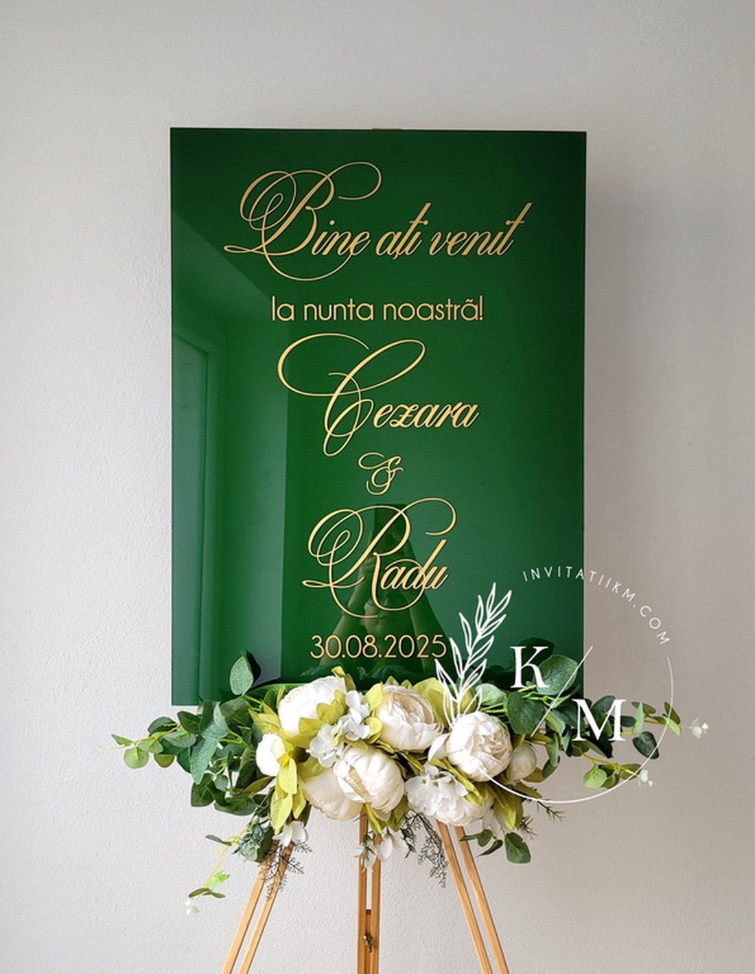 Panou intampinare nunta din plexiglas verde si auriu - accesorii nuntă - materiale decor pentru nuntă - tablouri și indicatoare nuntă - Artynos.ro