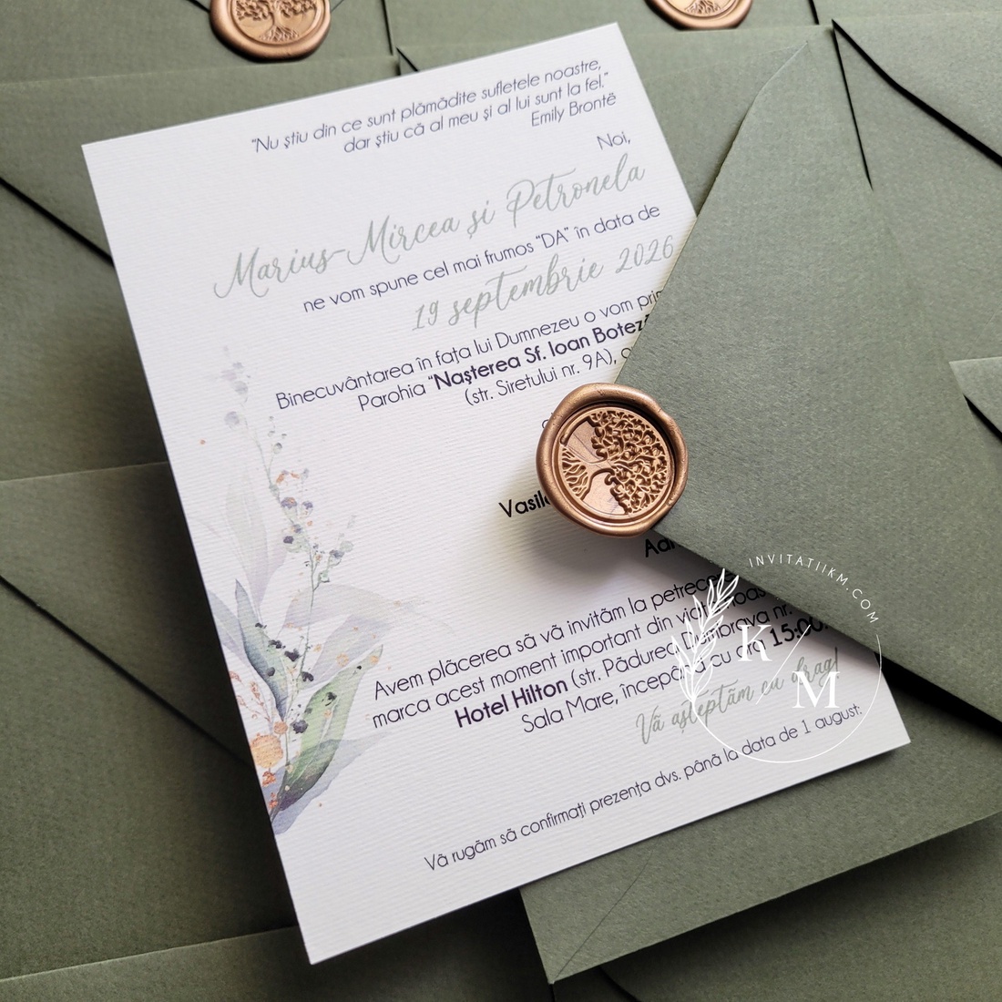 Invitatii de nunta greenery si plic verde olive cu sigiliu - accesorii nuntă - invitații și felicitări de nuntă - invitații nuntă - Artynos.ro