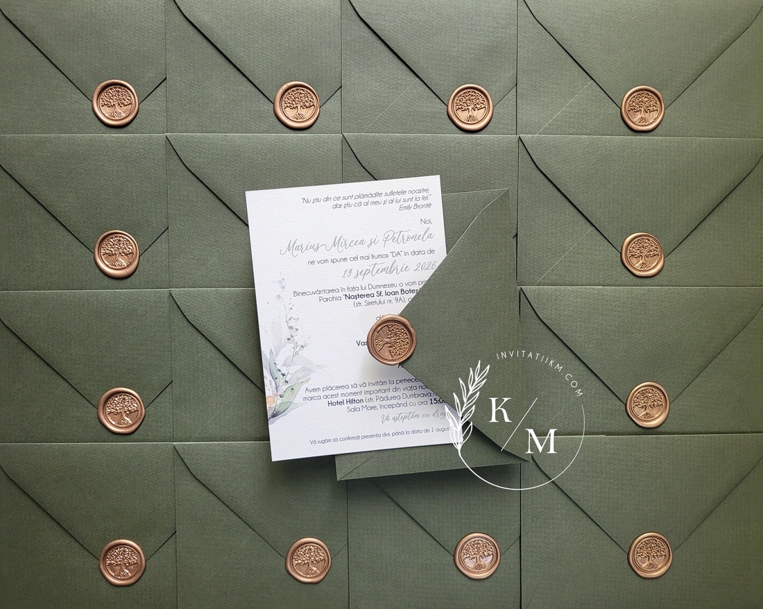Invitatii de nunta greenery si plic verde olive cu sigiliu - accesorii nuntă - invitații și felicitări de nuntă - invitații nuntă - Artynos.ro