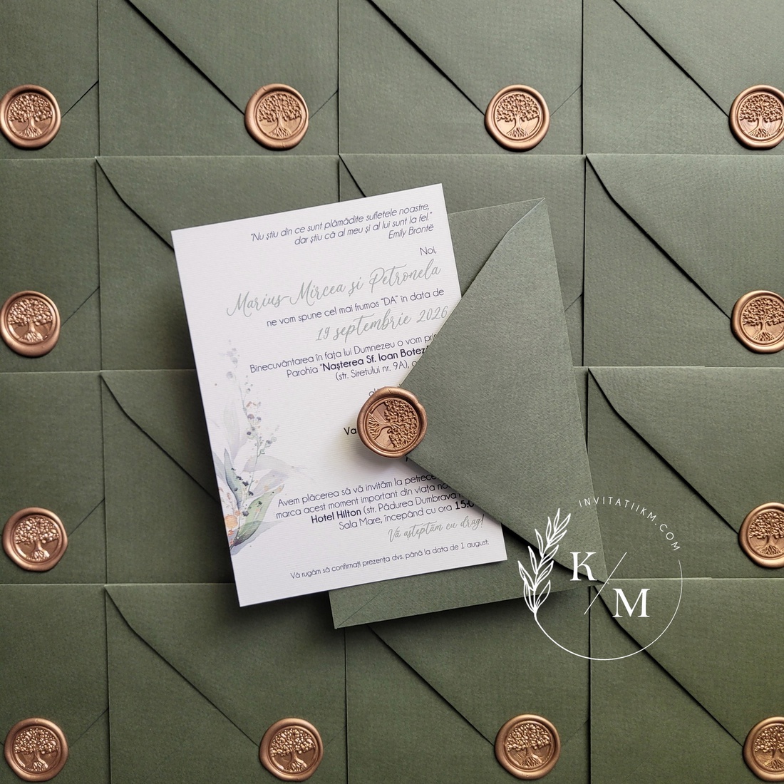 Invitatii de nunta greenery si plic verde olive cu sigiliu - accesorii nuntă - invitații și felicitări de nuntă - invitații nuntă - Artynos.ro