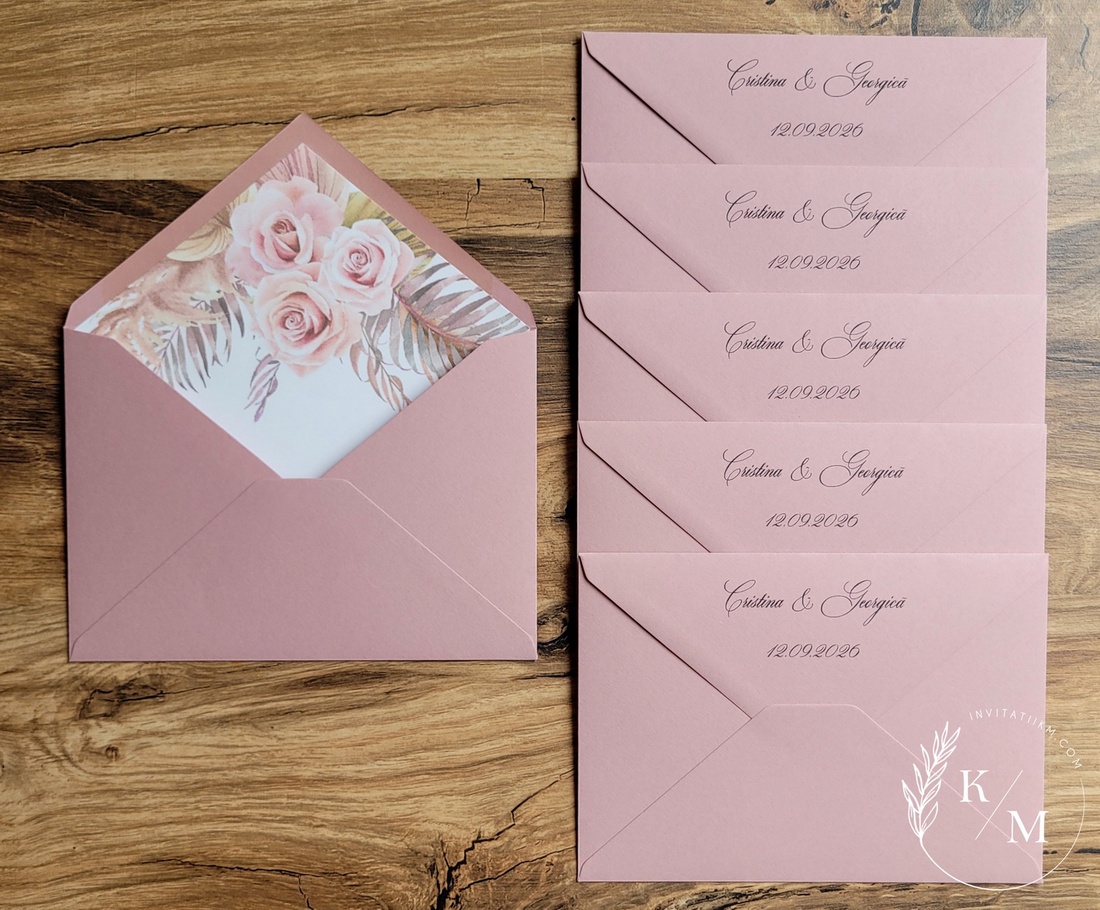 Set 50 plicuri pentru invitatii nunta roz antic cu liner stil boho - accesorii nuntă - invitații și felicitări de nuntă - invitații nuntă - Artynos.ro