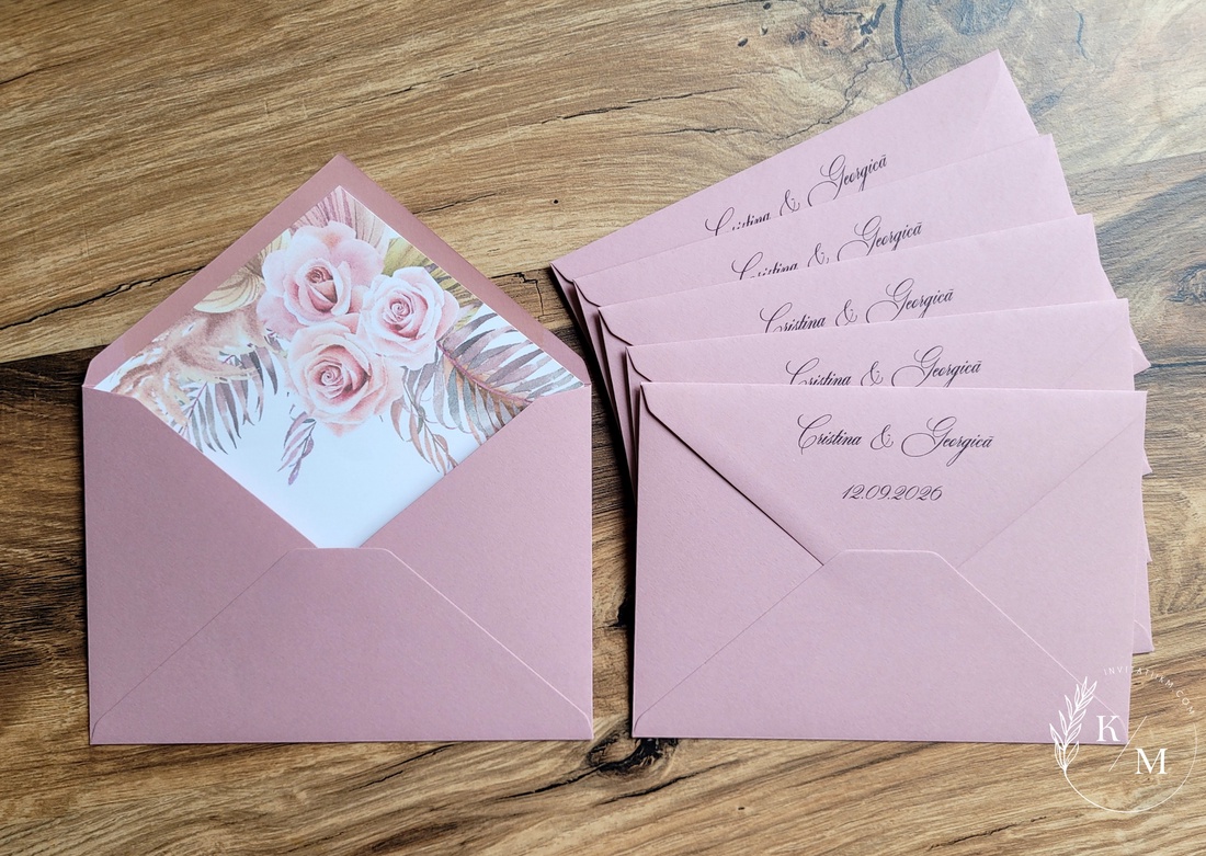 Set 50 plicuri pentru invitatii nunta roz antic cu liner stil boho - accesorii nuntă - invitații și felicitări de nuntă - invitații nuntă - Artynos.ro