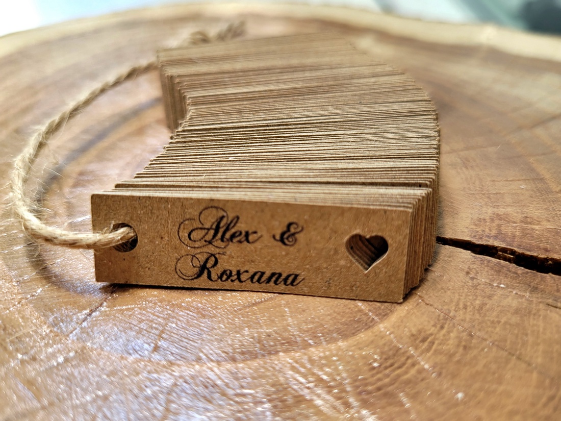 Set 100 etichete marturii din carton reciclat si inimioara - accesorii nuntă - amintiri și cadouri de nuntă - mărturii - Artynos.ro