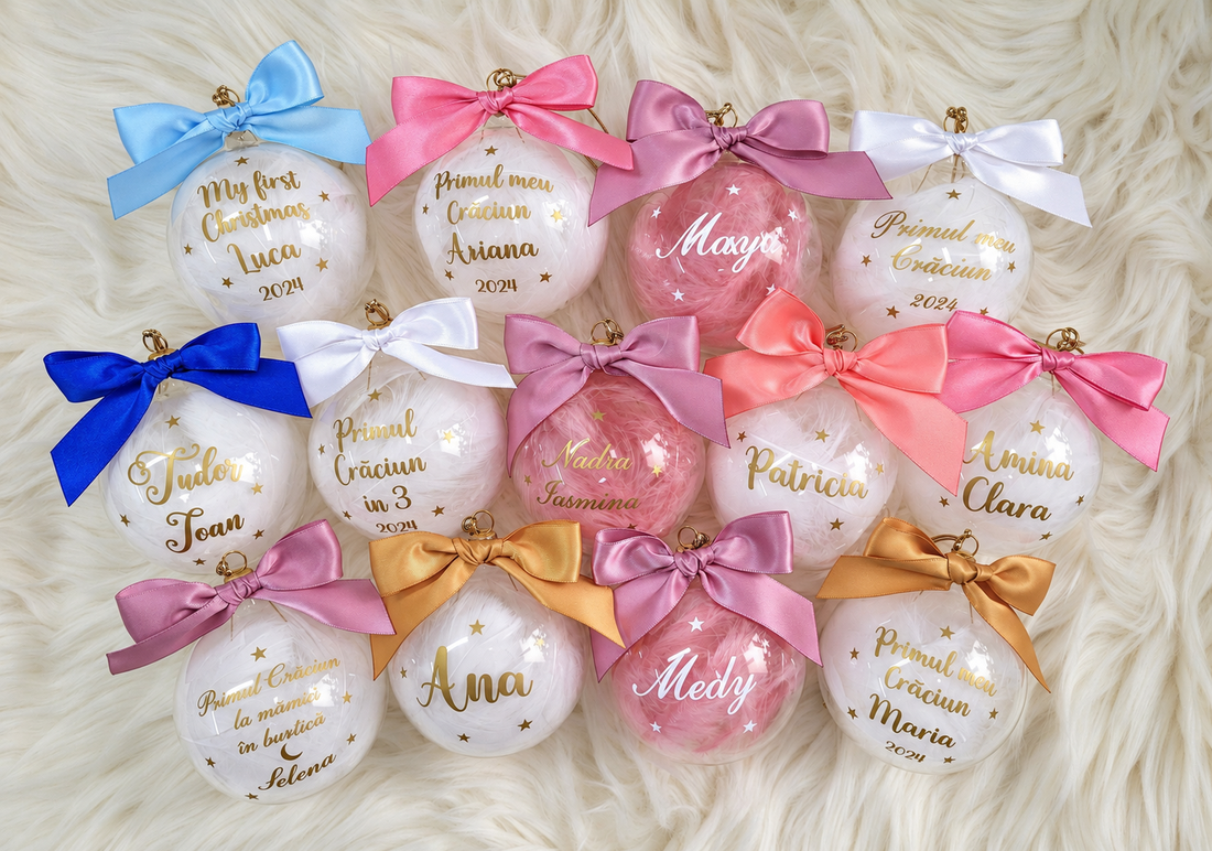 Set 4 Globuri de Crăciun personalizate pentru familie, umplute cu puf alb - crăciun - decorațiuni de crăciun de casă - globuri de crăciun - Artynos.ro