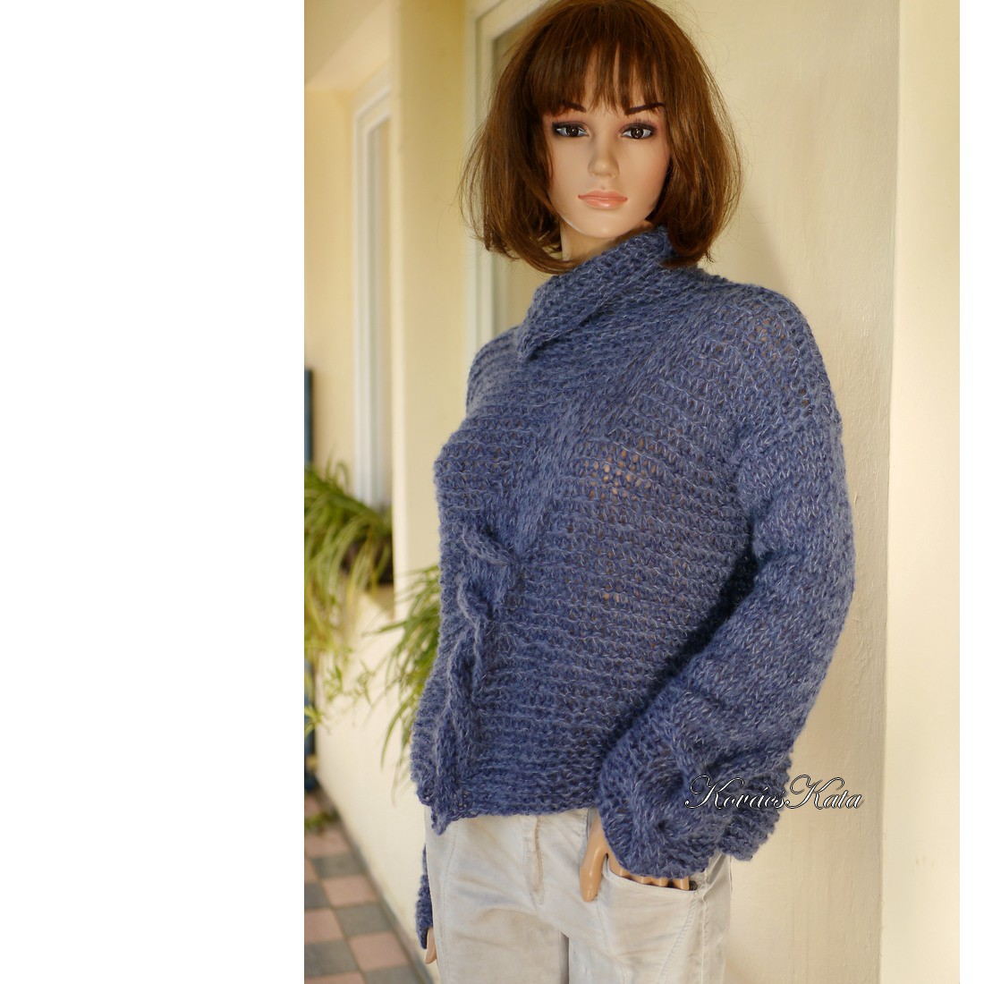 FRANCESCA ALPAKA - pulover cu design exclusiv tricotat manual / Farmer blue - îmbrăcăminte și modă - haine damă - hanorace, cardigane - Artynos.ro