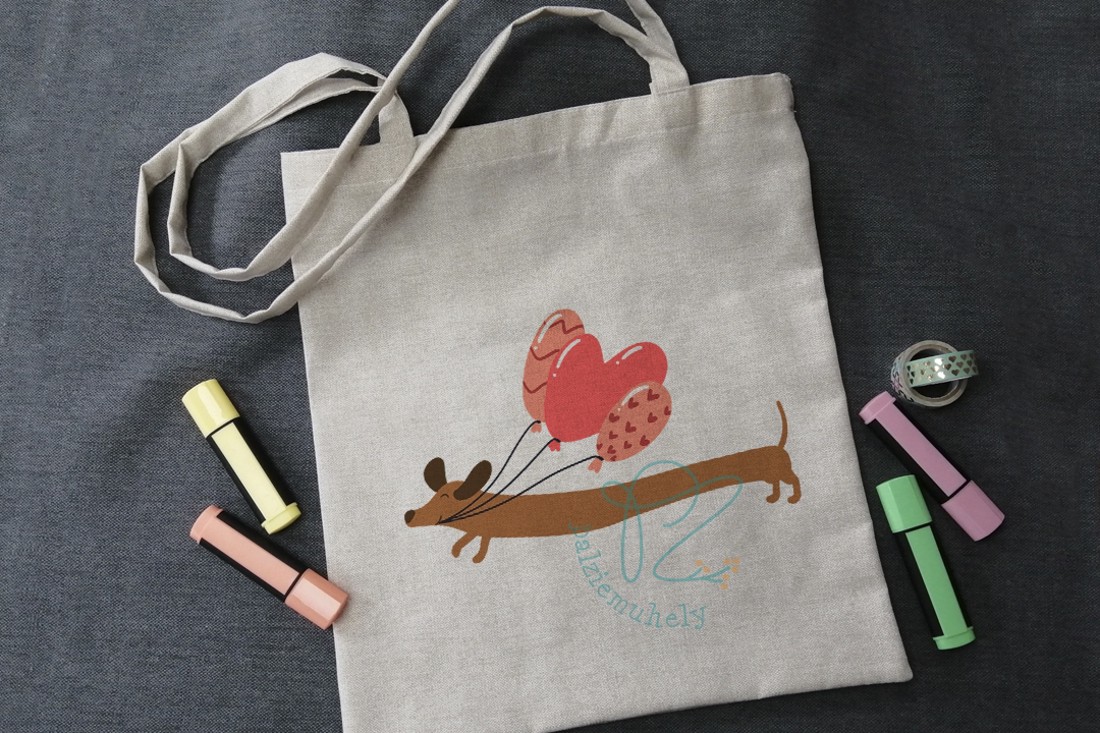 Geantă de pânză cu dachshund pentru Ziua Îndrăgostiților � Dachshund lung cu baloane -  - Artynos.ro
