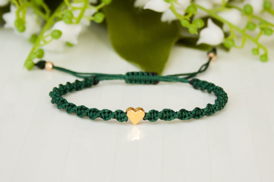 Brățară macramé împletită cu răsucire - Heart verde închis / auriu -  - Artynos.ro