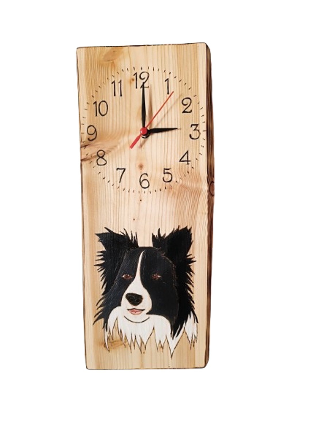 Ceas de perete din pin roșu cu câine border collie -  - Artynos.ro