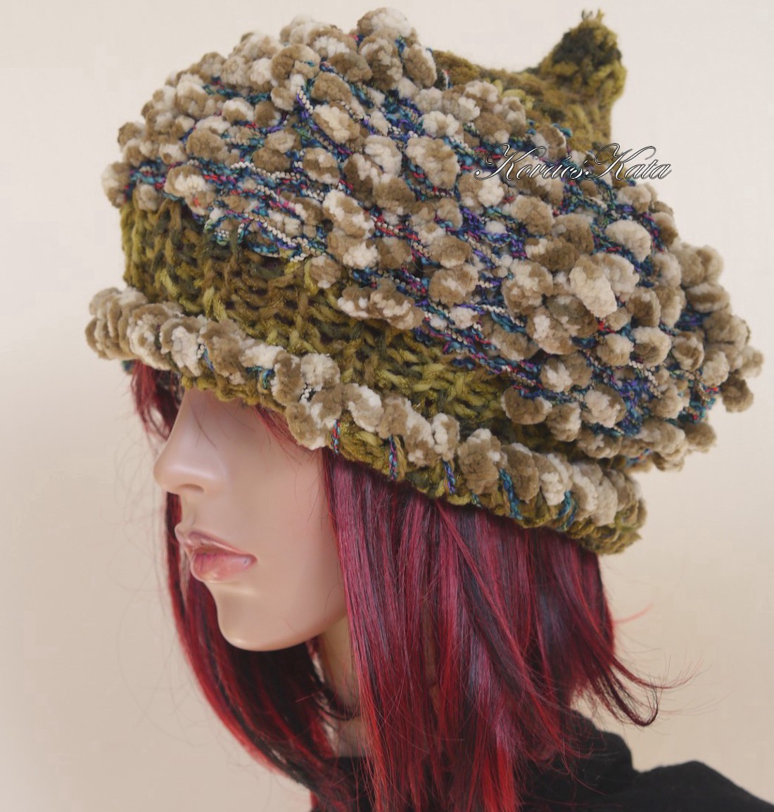 LUCA-SAPI / olive - șapcă boemă din lână tricotată manual - îmbrăcăminte și modă - eșarfe, pălării, fularuri - căciulă - Artynos.ro