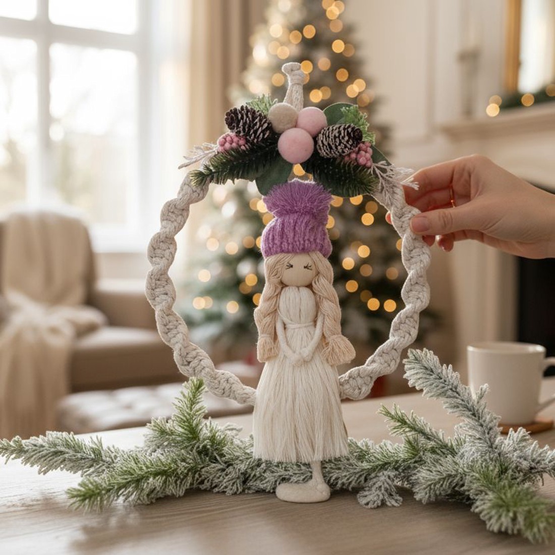 Păpușă Macrame cu capac violet - decorare de perete de Crăciun în rochie de fir de aur - crăciun - decorațiuni de crăciun de casă - Artynos.ro