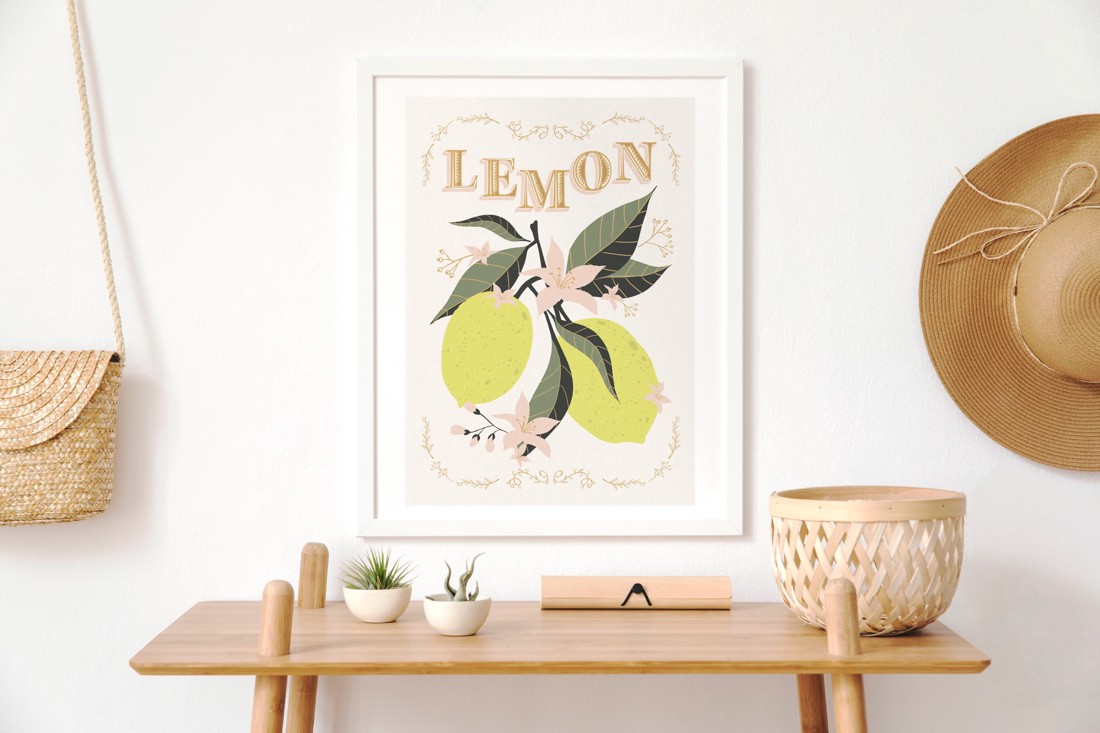Poster acuarelă lămâie, imagine grafică lămâie, decorare apartament de vară -  - Artynos.ro