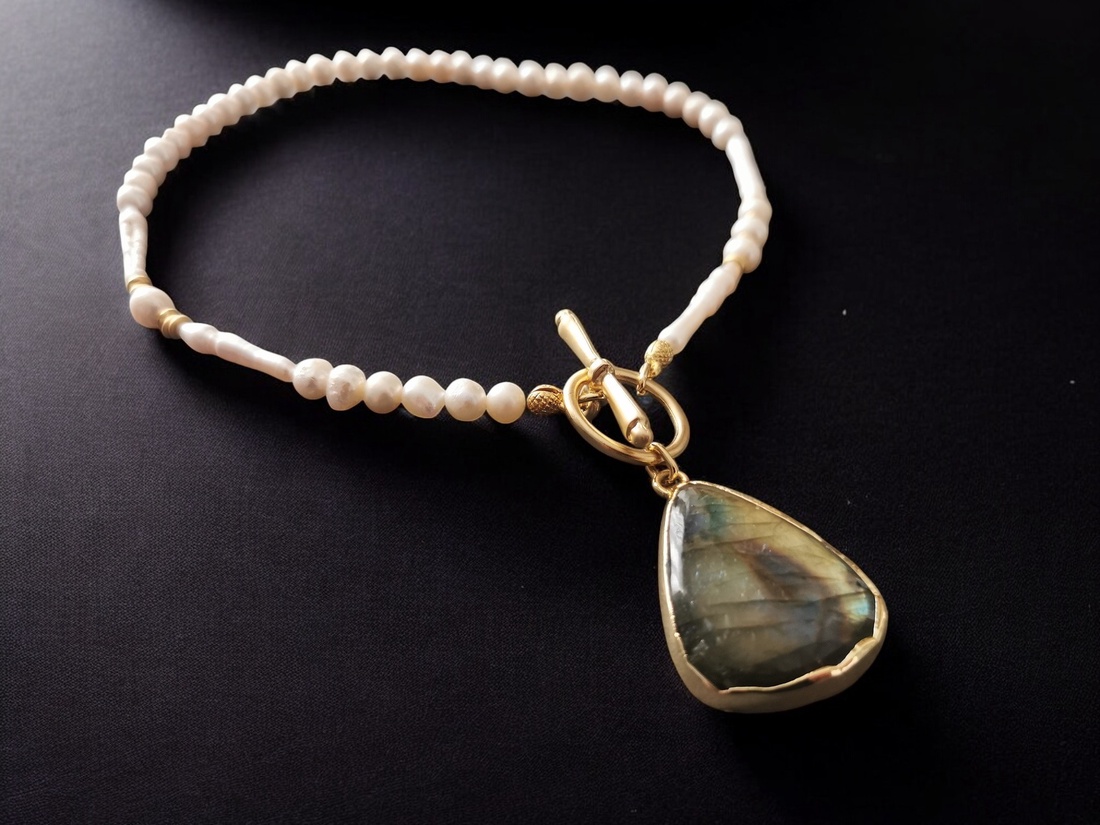 Colier perle de cultura si labradorite CP17 - bijuterii - coliere - coliere din pietre semiprețioase - Artynos.ro