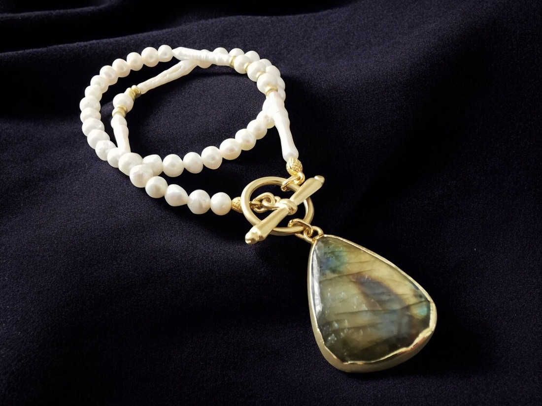 Colier perle de cultura si labradorite CP17 - bijuterii - coliere - coliere din pietre semiprețioase - Artynos.ro