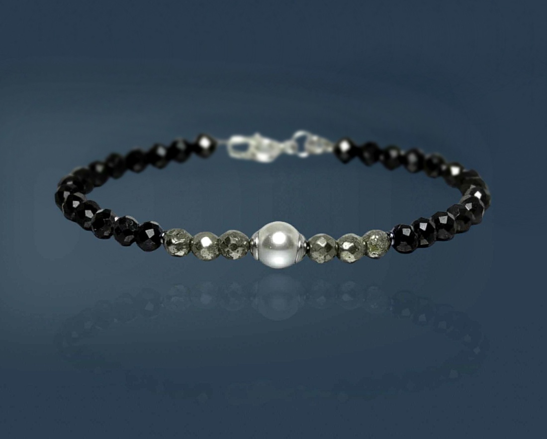 Bratara cu pirita, turmalina neagra si perla Swarovski - bijuterii - brățări - brățară cu mărgele - Artynos.ro