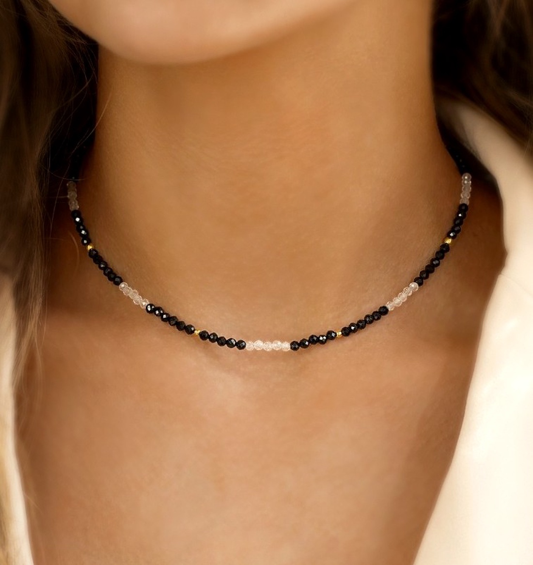 Colier minimalist turmalina neagra - piatra protectie si cubic zirconia - bijuterii - coliere - coliere cu mărgele - Artynos.ro