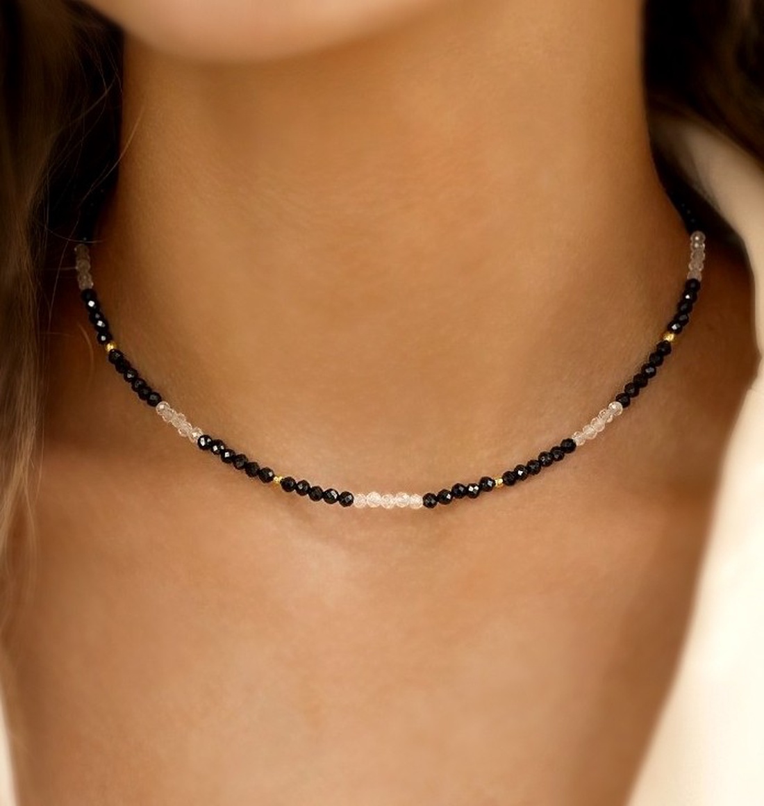 Colier minimalist turmalina neagra - piatra protectie si cubic zirconia - bijuterii - coliere - coliere cu mărgele - Artynos.ro