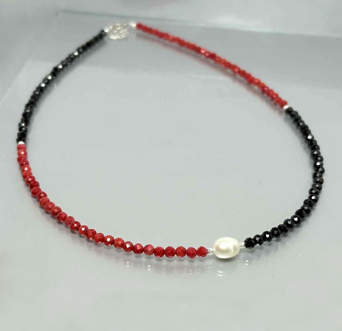 Colier coral fatetat, turmalina si perla de cultura - bijuterii - coliere - coliere din pietre semiprețioase - Artynos.ro