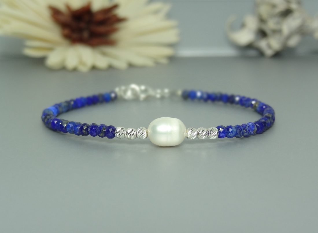 Bratara din lapis lazuli si perla de cultura. Celestial Pearl - bijuterii - brățări - brățări din pietre semiprețioase - Artynos.ro