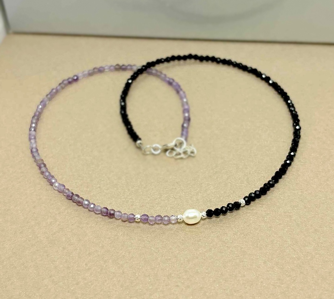 Colier din ametist, turmalina neagra si perla de cultura - bijuterii - coliere - coliere din pietre semiprețioase - Artynos.ro