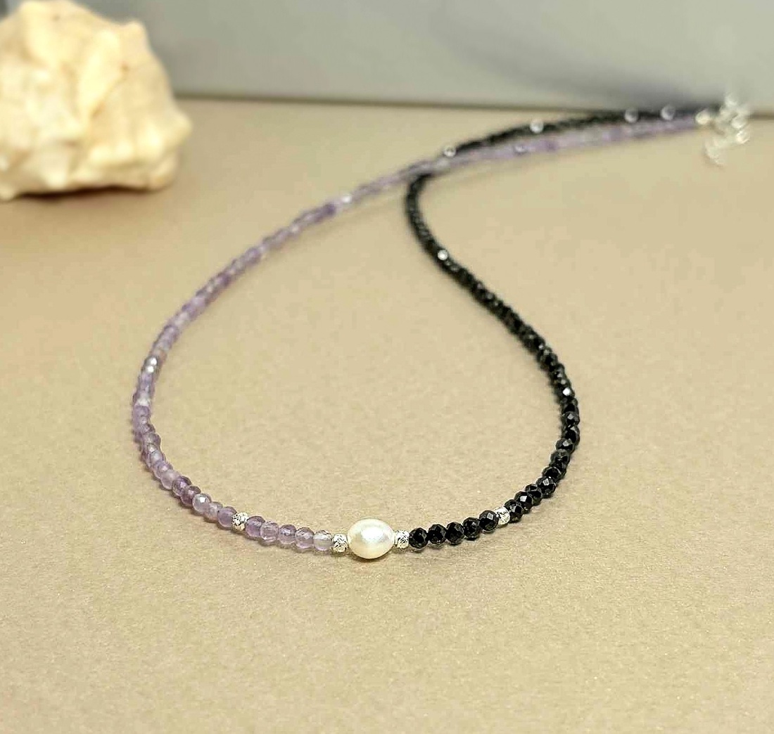 Colier din ametist, turmalina neagra si perla de cultura - bijuterii - coliere - coliere din pietre semiprețioase - Artynos.ro