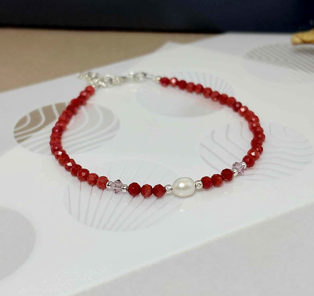 Bratara coral, cristale si perla de cultura.  - bijuterii - brățări - brățări din pietre semiprețioase - Artynos.ro