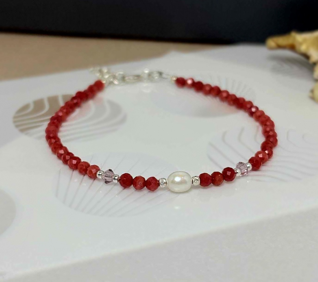 Bratara coral, cristale si perla de cultura.  - bijuterii - brățări - brățări din pietre semiprețioase - Artynos.ro