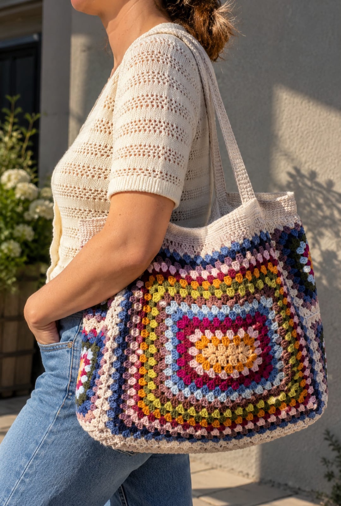 Geantă croșetată manual Granny Square, multicoloră, shopper mare, unicat - genți și portofele - genți de mână și umăr - genți de umăr - Artynos.ro