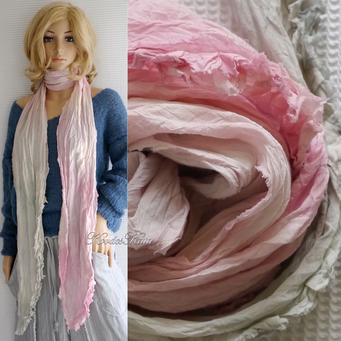 SYROME SCARLING / gri-roz - batik fular lung cu volane - îmbrăcăminte și modă - eșarfe, pălării, fularuri - eșarfe - Artynos.ro