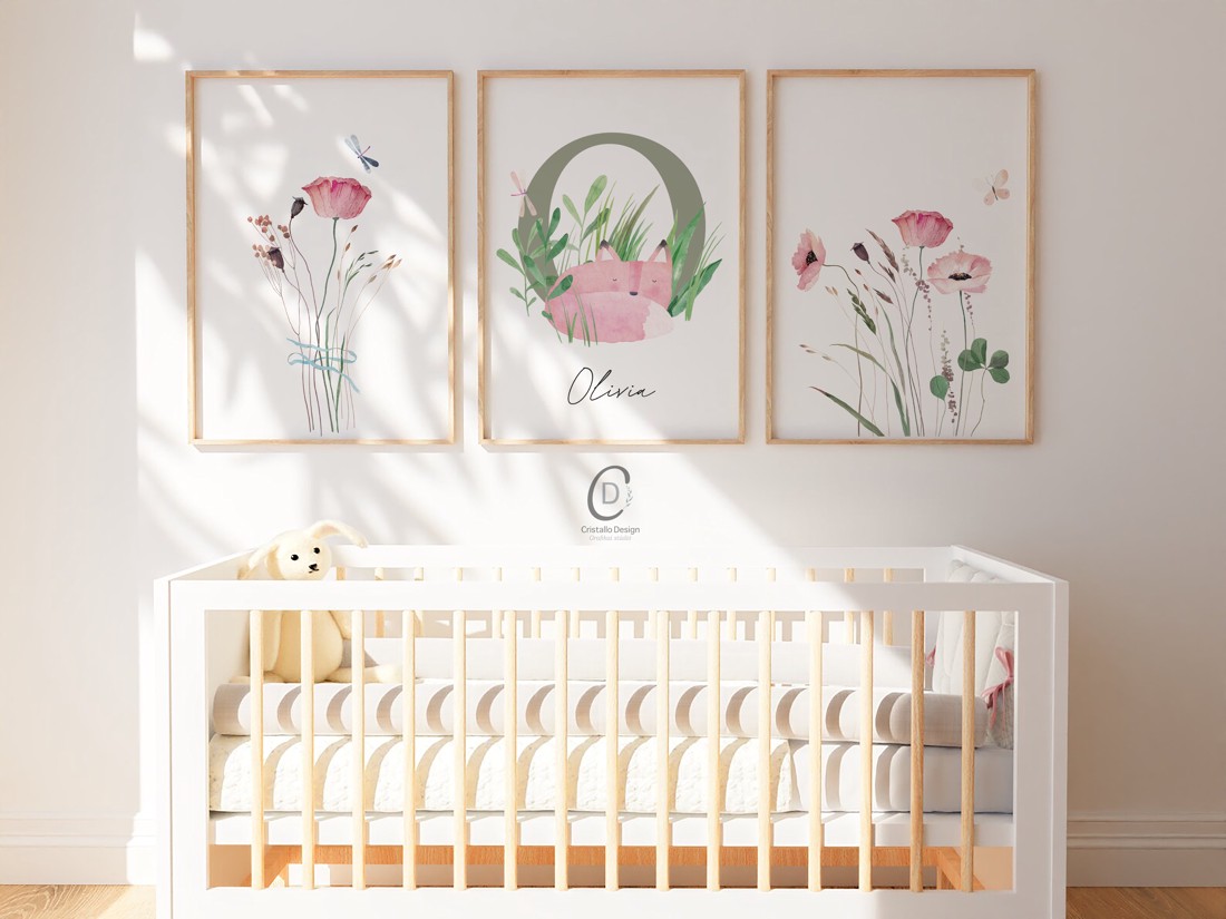 Litere, monogramă, imagine pentru ziua numelui, cadou de botez, decorare cameră copil, set de artă de perete cu flori sălbatice de 3 -  - Artynos.ro