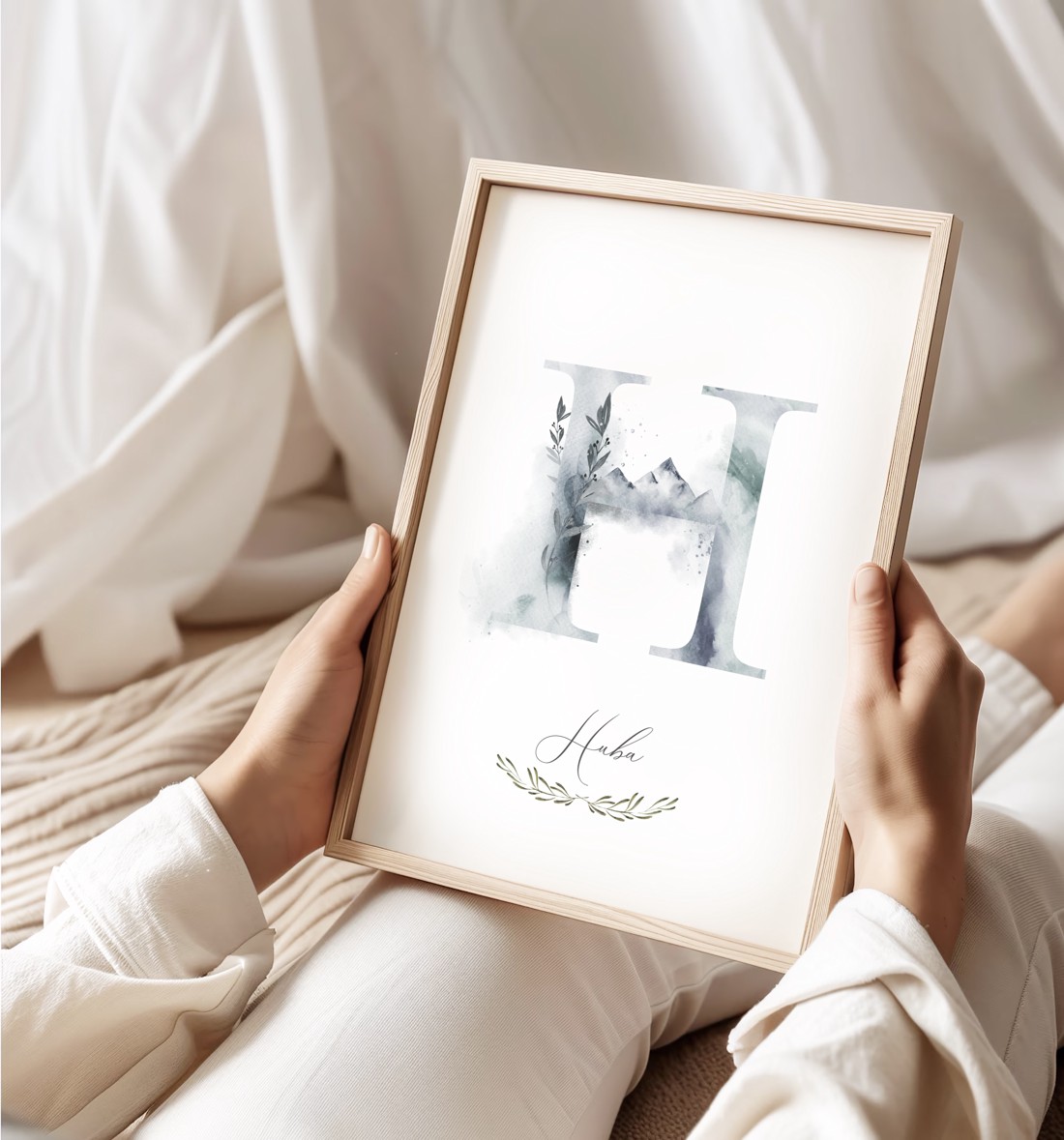 Scrisoarea H, monogramă, imagine de zi cu nume, decorare, artă de perete acuarelă, personalizată -  - Artynos.ro