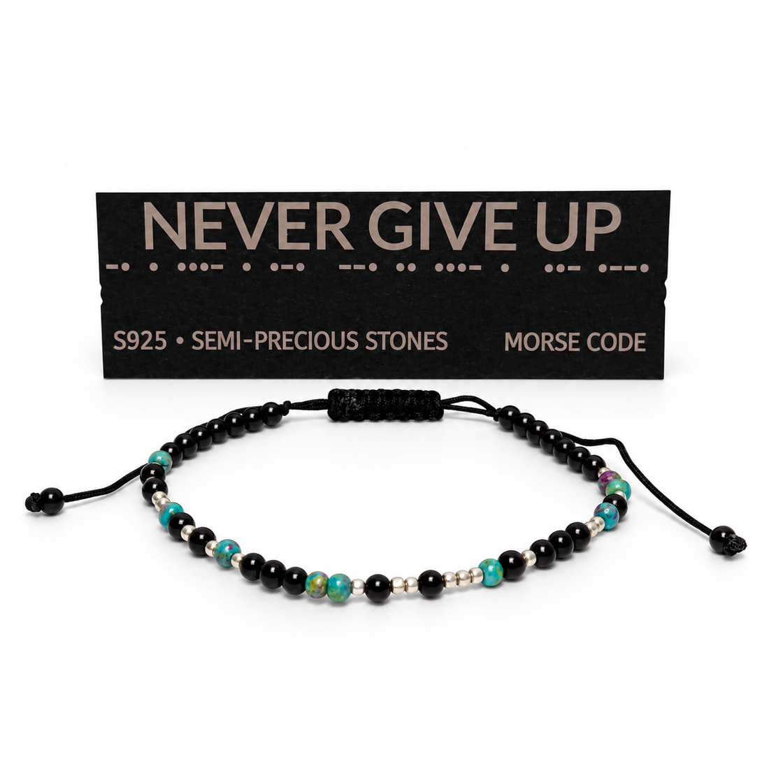 Brățară  NEVER GIVE UP  cu pietre semiprețioase și argint S925, cod Morse - bijuterii - brățări - brățări din pietre semiprețioase - Artynos.ro
